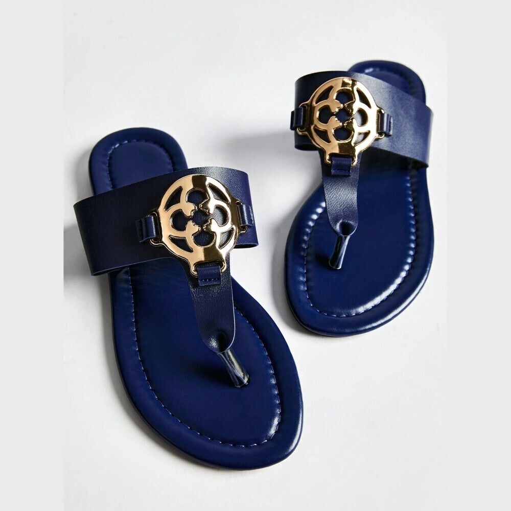 Navy Faux Leather Gold Medallion Thong Flat Sandals